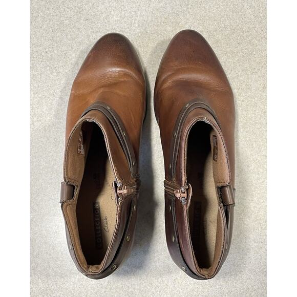 Clarks Womens Addiy Zoie Boot Size 11 Brown Leather Bootie Studded Straps-Zipper - Picture 4 of 11